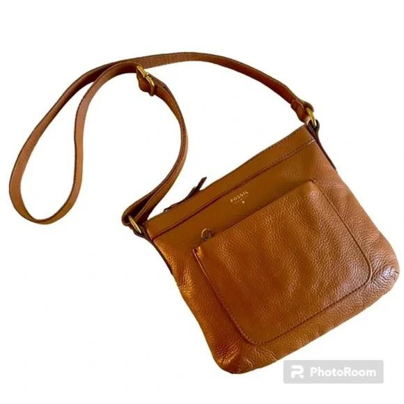 Fossil Cognac Brown Pebbled Leather Crossbody Bag - Picture 13 of 13